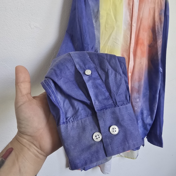 Allen Onyia for INC Watercolor Pastel Long Button Down Blouse Purple Yellow L - Picture 5 of 13